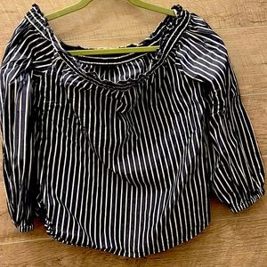 Pinstripe, off shoulder, ruffled collar blouse